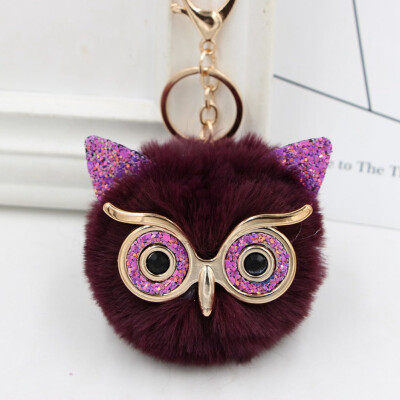 

Women Owl Faux Rabbit Fur Fluffy Key chain Key Ring Pompom Ball Pendant Cute