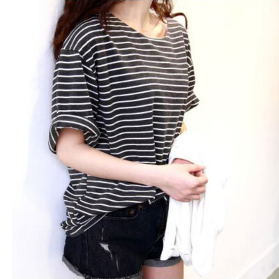 

Summer Short Sleeve Women Loose Stripe T Shirt Casual Cotton Tops Women T-shirt -XXL