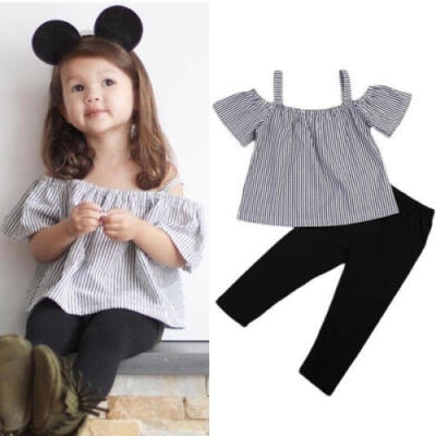 

Newborn Toddler Kids Baby Girls Striped Off Shoulder Tops Long Pants Outfits Set