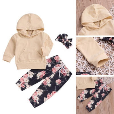 

3Pcs Infant Baby Girls Hooded Hoodie Sweatshirt Pants Outfits Floral Clothes Set