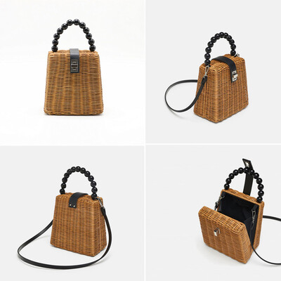 

Tailored Women Retro Pearl Hand-Woven Straw Bag Summer Travel Handle Bag Shoulder Bag