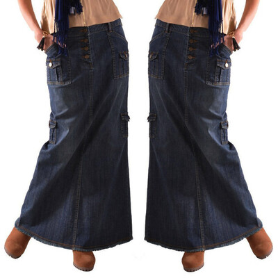 

Roseonmyhand Womens Fashion Long Mid Waist Button Pocket Front Straight Denim Maxi Skirts