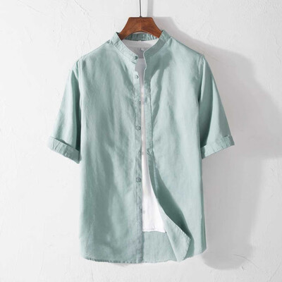 

Toponeto Mens Causal Shirt Half Sleeve Top Button Cotton Linen Solid Color Loose Blouse
