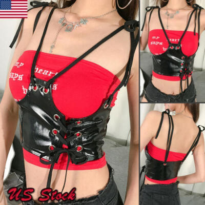 

US Women Open Bust Bra Wet Look Leather Cupless Bralette Lingerie Tank Crop Tops