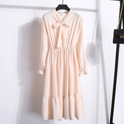 

Tailored Women Ladys Casual Chiffon Solid Color Long Sleeve Elastic Waist Bandage Dress