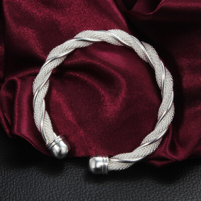 

Women Jewelry 925 Silver Bangles Cuff Bracelets Mesh Shaped Silver Plated Bangle