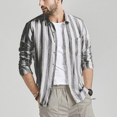 

Tailored Men Vintage Striped Button Linen Solid Long Sleeve Retro Shirts Tops Blouse