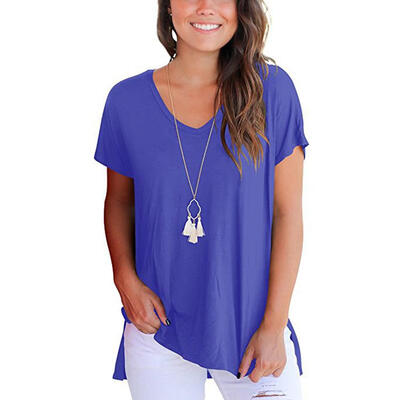 

Casual Loose Women Irregular T-shirt Short Sleeve Side Split V-Neck Tops