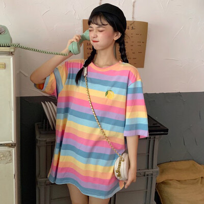 

Womens Fashion Summer Casual T Shirt Short Sleeve O-Neck Rainbow Striped Fruit Embroidery Loose Tee