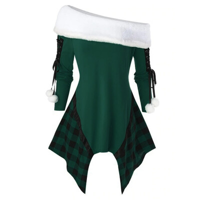 

Tailored Womens Merry Christmas Plus Size Skew Collar Asymmetric Plaid Lace Up Tee Tops