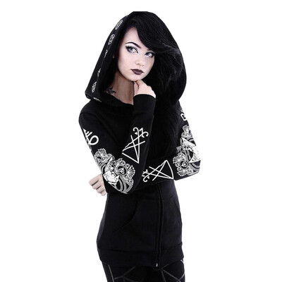 

Toponeto Women Gothic Punk Long Sleeve Hooded Print Black Cardigan Jacket Coat Plus Size