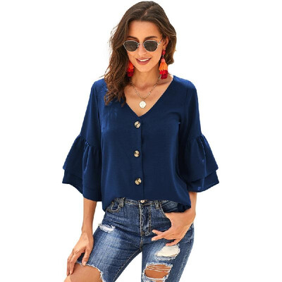 

Amazon explosion models womens shirts 2019 new European&American V-neck seven-point sleeve single-breasted loose shirt 252337