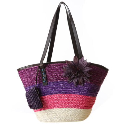 

Knitted Straw bag Summer flower Bohemian fashion womens handbags color stripes shoulder bags beach bag big tote bags