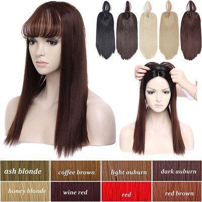 

17" Long Straight Hair Topper With Thin Air Bangs Clip In Hair Middle Part Synthetic Hairpiece For Women