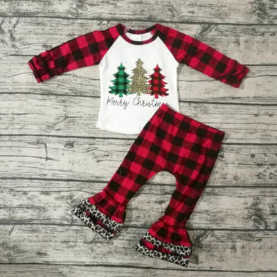 

US Kid Baby Girl Clothes Merry Christmas Ruffle Tops T-shirtPlaids Pants Outfit