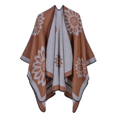 

Women Poncho Cardigan Sweater Contrast Color Block Floral Print Cashmere Capes Shawl Scarf Outerwear