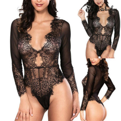 

Womens Bodycon Bodysuit Lace Long Sleeve V Neck Jumpsuit Romper Leotard Top