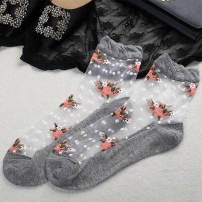 

Fashion Women Summer Ultrathin Transparent Rose Flowers Elastic Short Socks