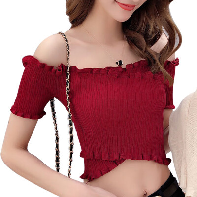 

Womens Slash Neck Solid Short Sleeve Knitted Ruffles T-Shirt