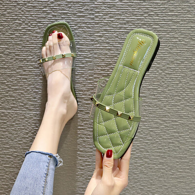 

word type transparent slippers womens outer Korean-style summer Roman cold-drag flat-bottomed rivet womens shoes