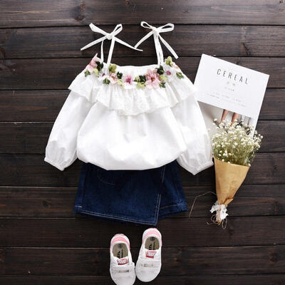 

Summer Toddler Kids Girls Flower Strap Top Blouse Denim Shorts Outfits Set 1-6T