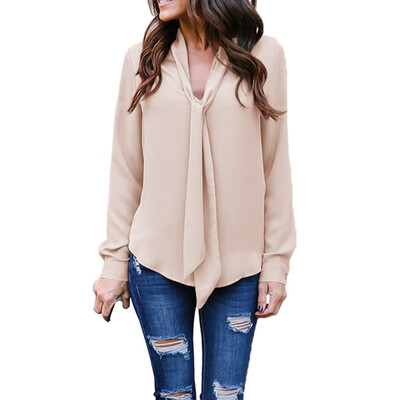 

2019 Fashion Womens V-Neck Tops Shirt Chiffon Long Sleeve Casual Loose Blouse