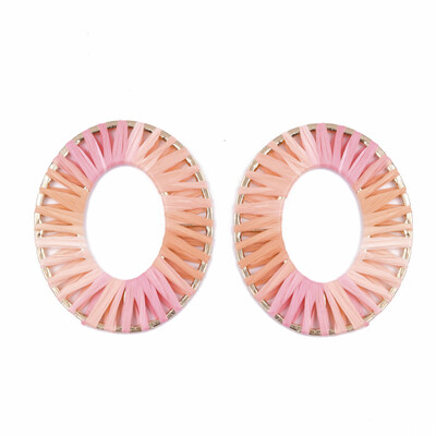 

Handmade Raffia Woven Linging Rings with Alloy Findings Oval Golden Colorful 65x535x25mm