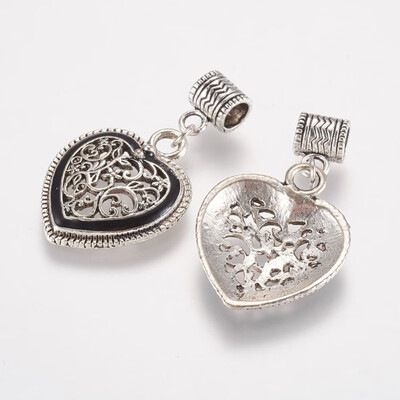 

Tibetan Style Alloy European Dangle Beads Large Hole Pendants with Enamel Heart with Flower Black Antique Silver 44mm