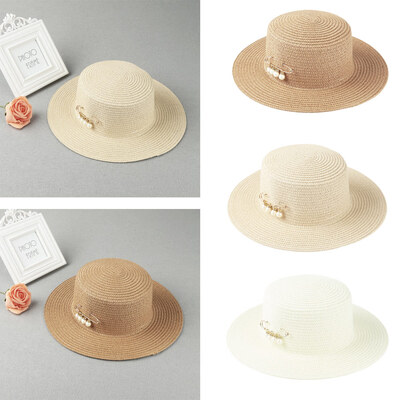 

Fashion Women Sun Hat Straw Hat Solid Wide Brim Bead Summer Sunbonnet Beach Panama Hat