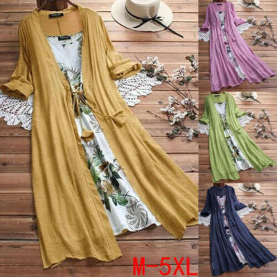 

2Pcs Set Autumn Women Casual Printing Dyeing Boho Maxi Long Cardigan Dress -5XL