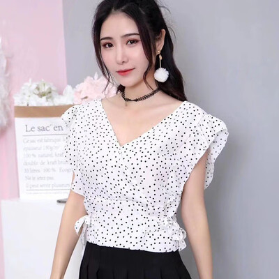 

Dot Print Elegant Chiffon Blouse Women Short Sleeve Ruffles Lace Up Nipped Waist Blouse Sexy V-Neck blusas mujer de moda