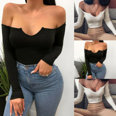 

Sexy Women Crop Tops Long Sleeve Blouse Shirts Off Shoulder Solid Casual T-Shirt