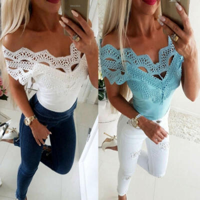 

Women Summer Hollow Out Lace Off Shoulder Bodycon Top Casual Blouse Tee