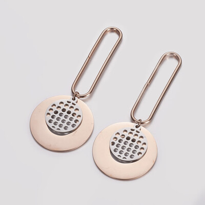 

304 Stainless Steel Dangle Stud Earrings Flat Round&Oval Rose Gold & Stainless Steel Color 72mm Pin 08mm