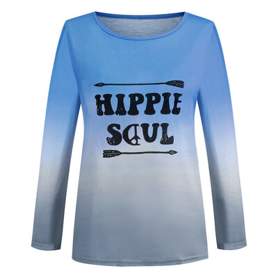 

Summer Women Loose Round Collar T-Shirt Rainbow Gradient Letter Print Tops Female Long Sleeve Casual Loose T-Shirt