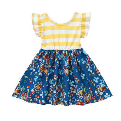 

Baby Kids Girls Summer Floral Dress O Neck Stripe Splicing Princess Dresses