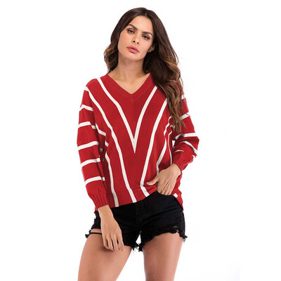 

〖Follure〗Womens V-Neck Stripe Matching Long-Sleeved Slim Sweater Pullover Sweater