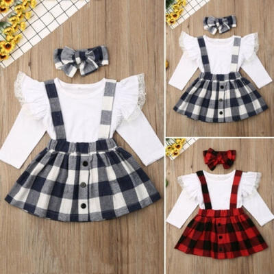 

3PCS Toddler Baby Girls Clothes Fly Sleeve Lace Tops Plaid Bib Skirt Outfit