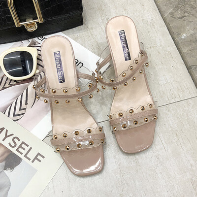 

Fine-heeled open-toed slippers female summer wear fashion rivets sandals&slippers transparent thin Roman high heels