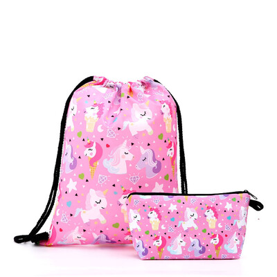 

Cartoon Rainbow Unicorn Bag Set Women Girl Glitter Drawstring Backpack Handbag