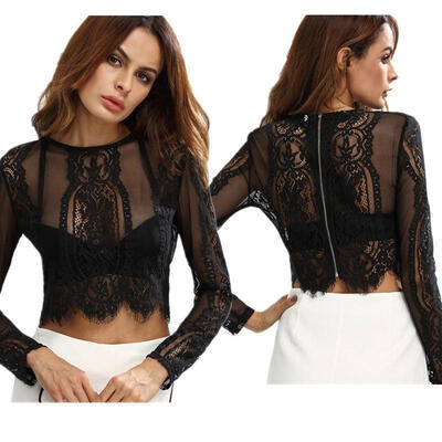 

Fashion Women Ladies Slim Lace Flore Shirt Crop Tops Long Sleeve Sexy Blouse
