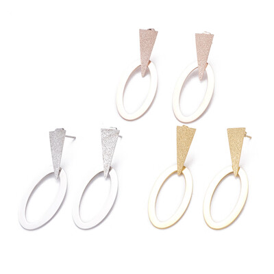 

304 Stainless Steel Dangle Stud Earrings Textured Triangle&Oval Mixed Color 50mm Pendant 33x173x1mm&215x9x08mm Pi