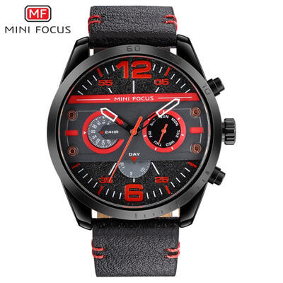 

MINI FOCUS Sports Men Watches Fashion Military Waterproof Quartz Wristwatch 24 Hour Clock With Leather Strap MF0068G