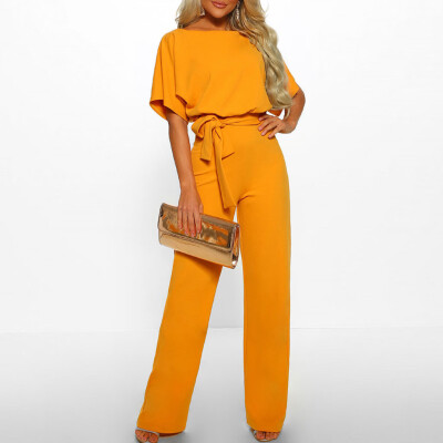 

Starmoon Women Short Sleeve Playsuit Clubwear Straight Leg Jumpsuit With Belt BGL
