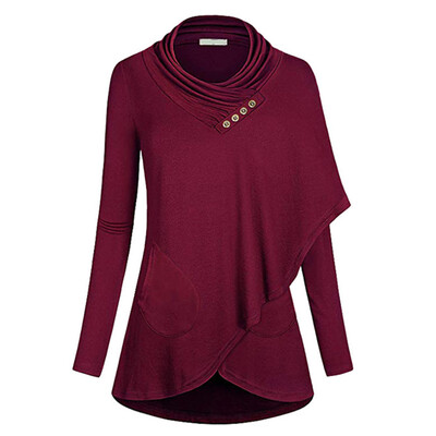 

Roseonmyhand Womens Long Sleeve O-Neck With Buttons Irregular Hem Sweatshirt Blouse