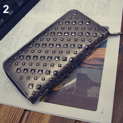 

Women Punk Style Faux Leather Clutch Wallet Long Rivet Card Holder Purse Handbag