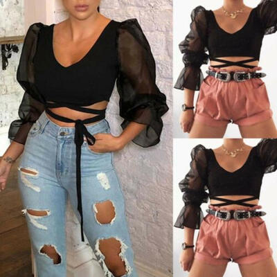 

Women Ladies Summer Mesh Puff Sleeve Crop Tops Casual Solid T-shirts Blouse Top