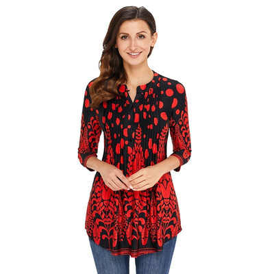 

Patterned Notched Neckline Cropped Sleeve Knit Hem Printed Vintage Top