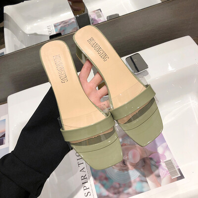 

Little Fresh Girl High-heeled Slippers Women Summer Korean Version Baitao Square-headed Rough-heeled Transparent Lazy Slippers