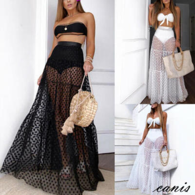 

Women Mesh Sheer Maxi Skirt Wrap Skirt Beach Tulle Transparent See Through Dress